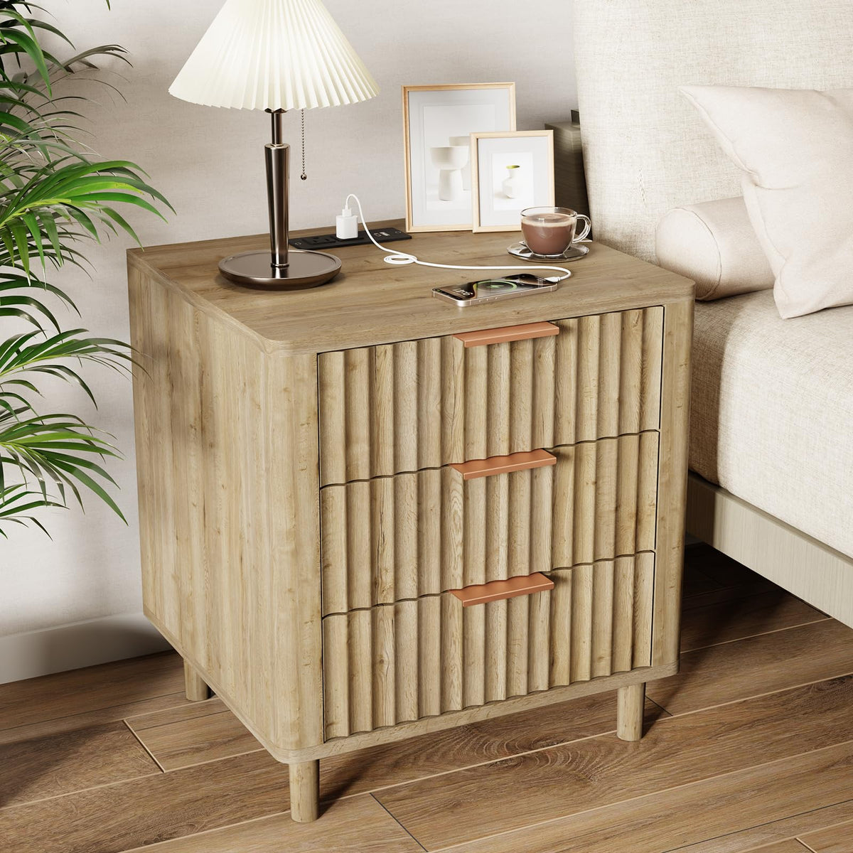CozyMine Fluted Nightstand with Built-In Charging Station