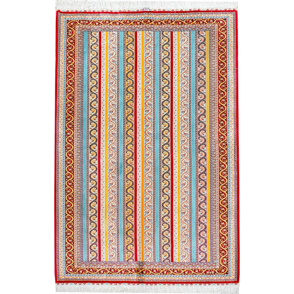 Hand-Knotted Silk Striped Floral Area Rug, 4 x 6 ft