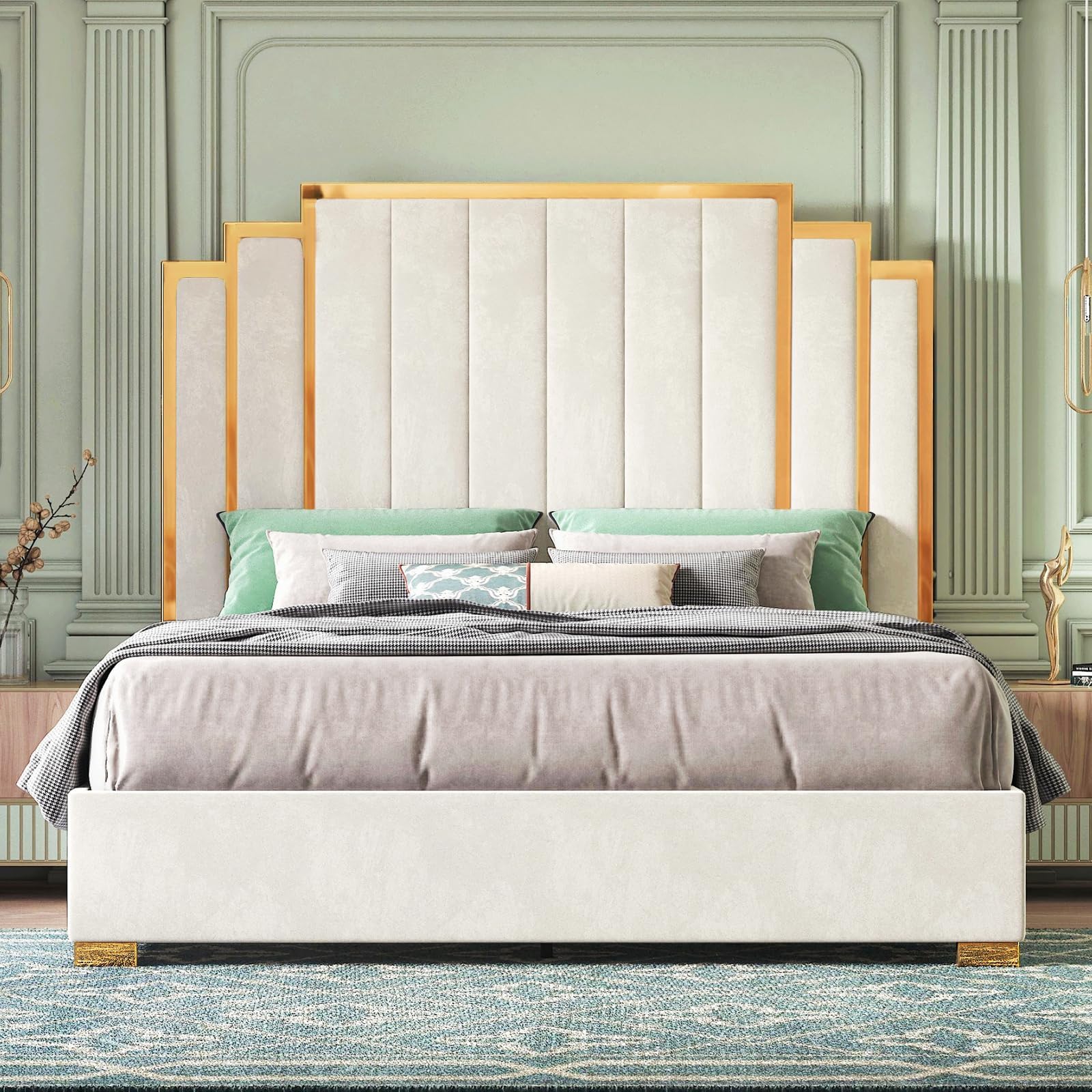 HOWE Upholstered Platform Bed with Headboard & Gold Trim