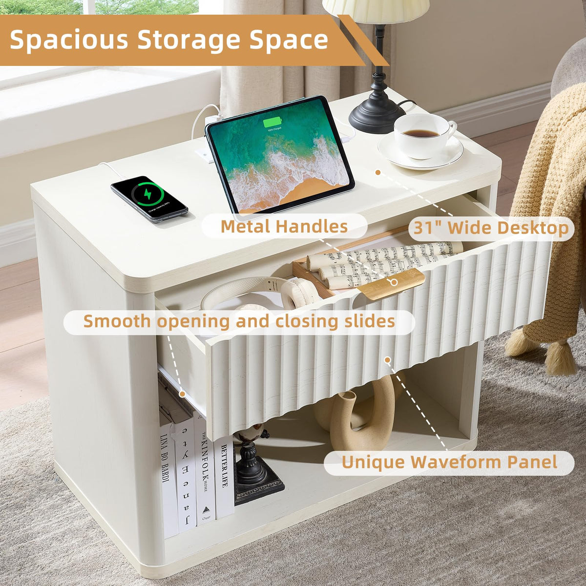 LEYAOYAO Wide Fluted Nightstand for Large Spaces