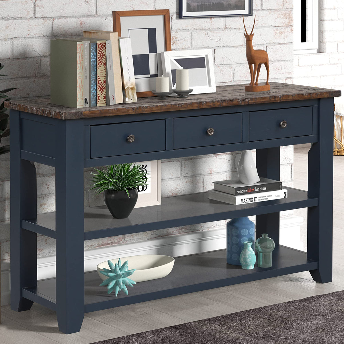 48-Inch Farmhouse Wood Console Table with Drawers & Shelves