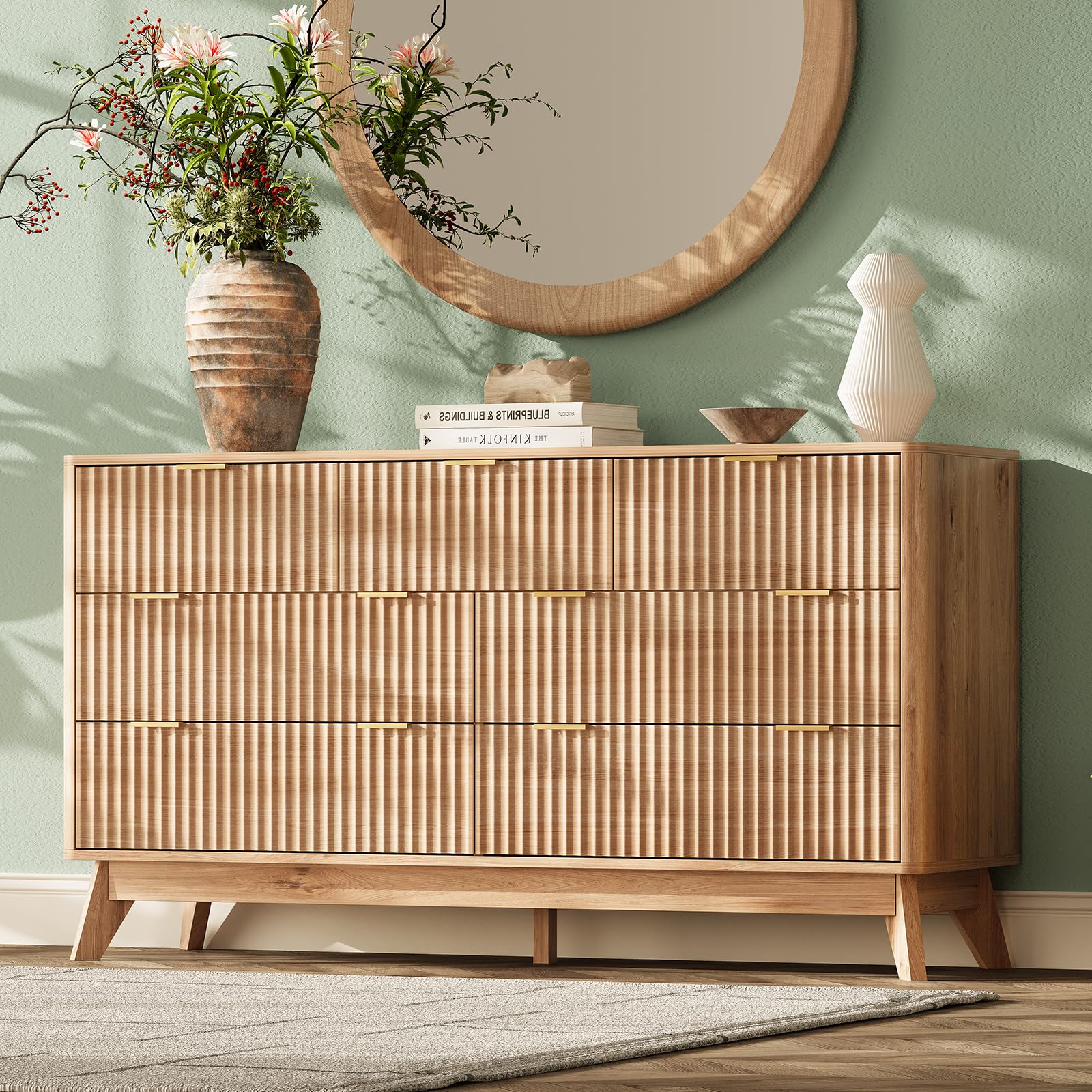 TROJM Fluted Curved-Edge Bedroom Dresser with Storage Drawers