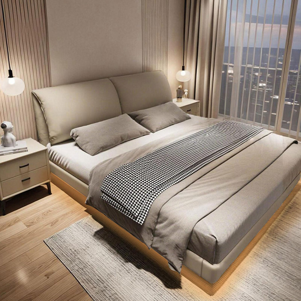DLCQIJI Grey Modern Queen Bed Frame, Upholstered Platform Bed Wooden Slats Support with Headboard, Noise-Free