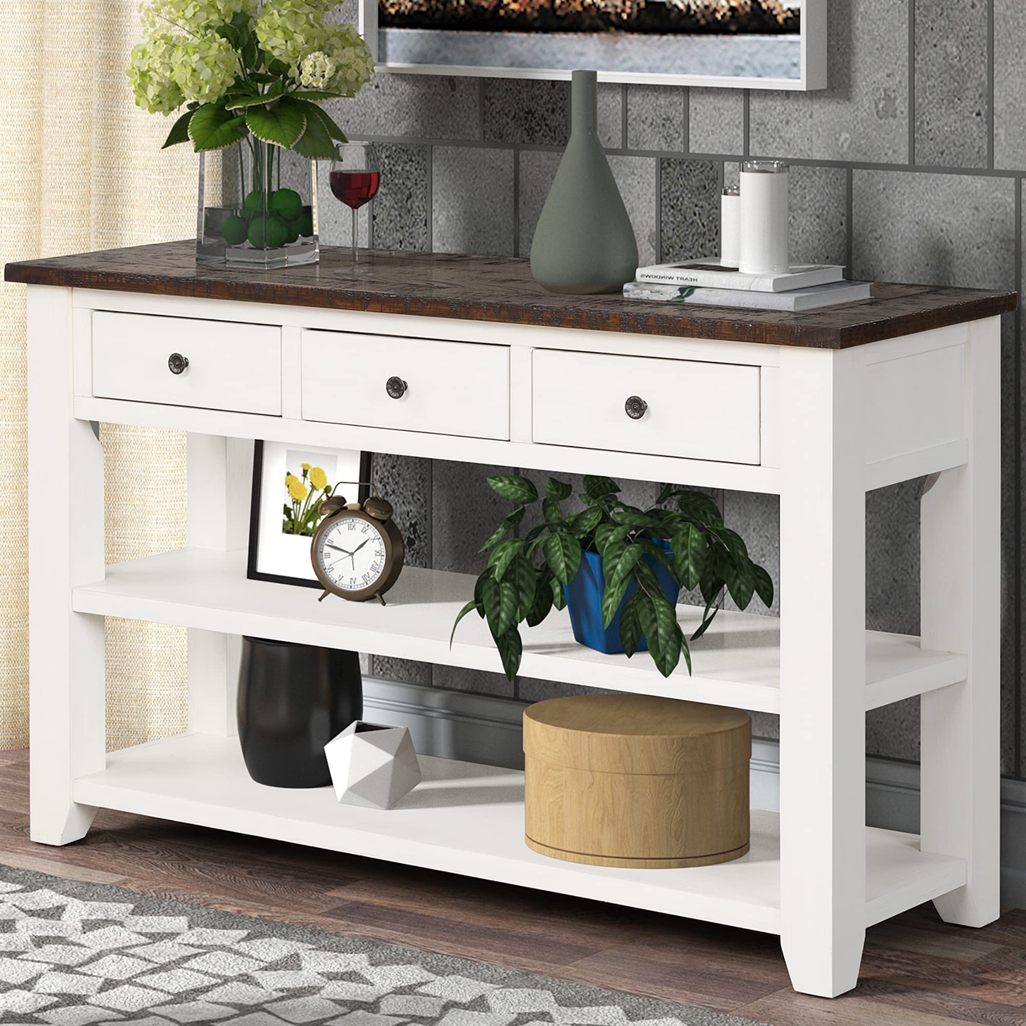 LKTART Solid Wood Console Table Sofa Table with Storage Drawers and Bottom Shelf Entryway Table for Storage Entry Hallway Foyer Sofa Rectangular Side Table(48.8" White)