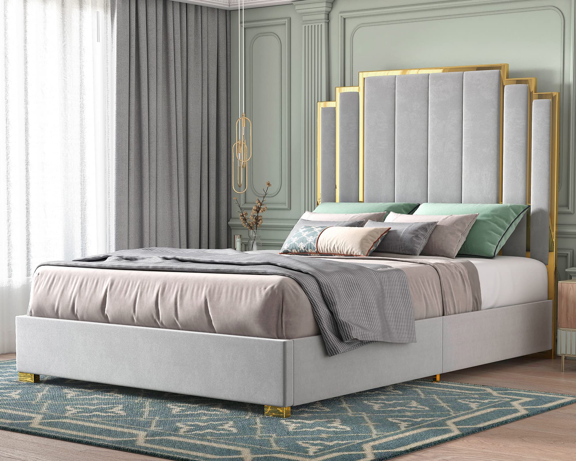 HOWE Upholstered Platform Bed with Headboard & Gold Trim