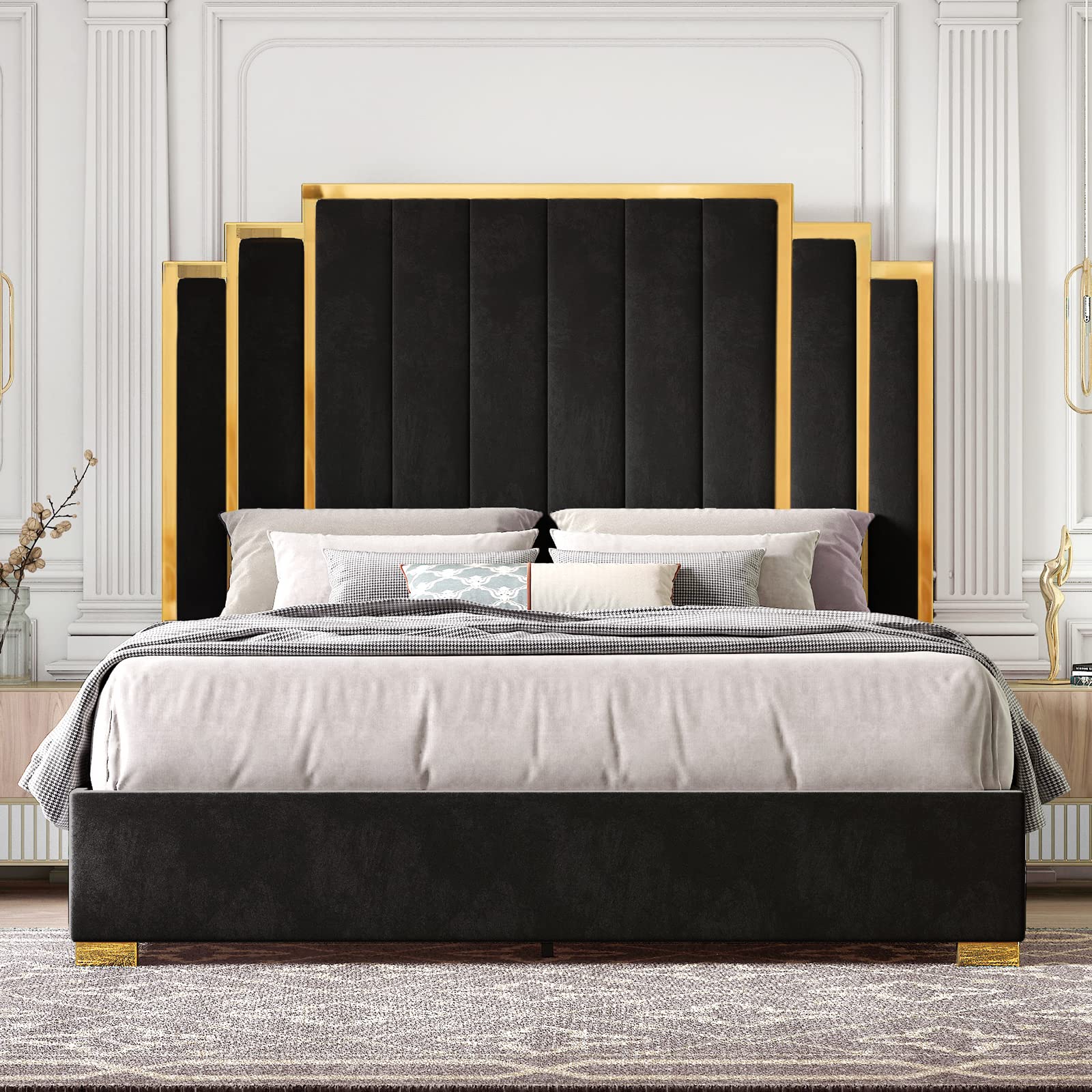 HOWE Upholstered Platform Bed with Headboard & Gold Trim