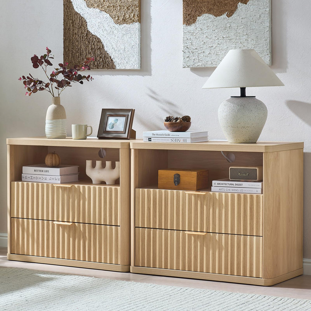 LEYAOYAO Wide Fluted Nightstand for Large Spaces