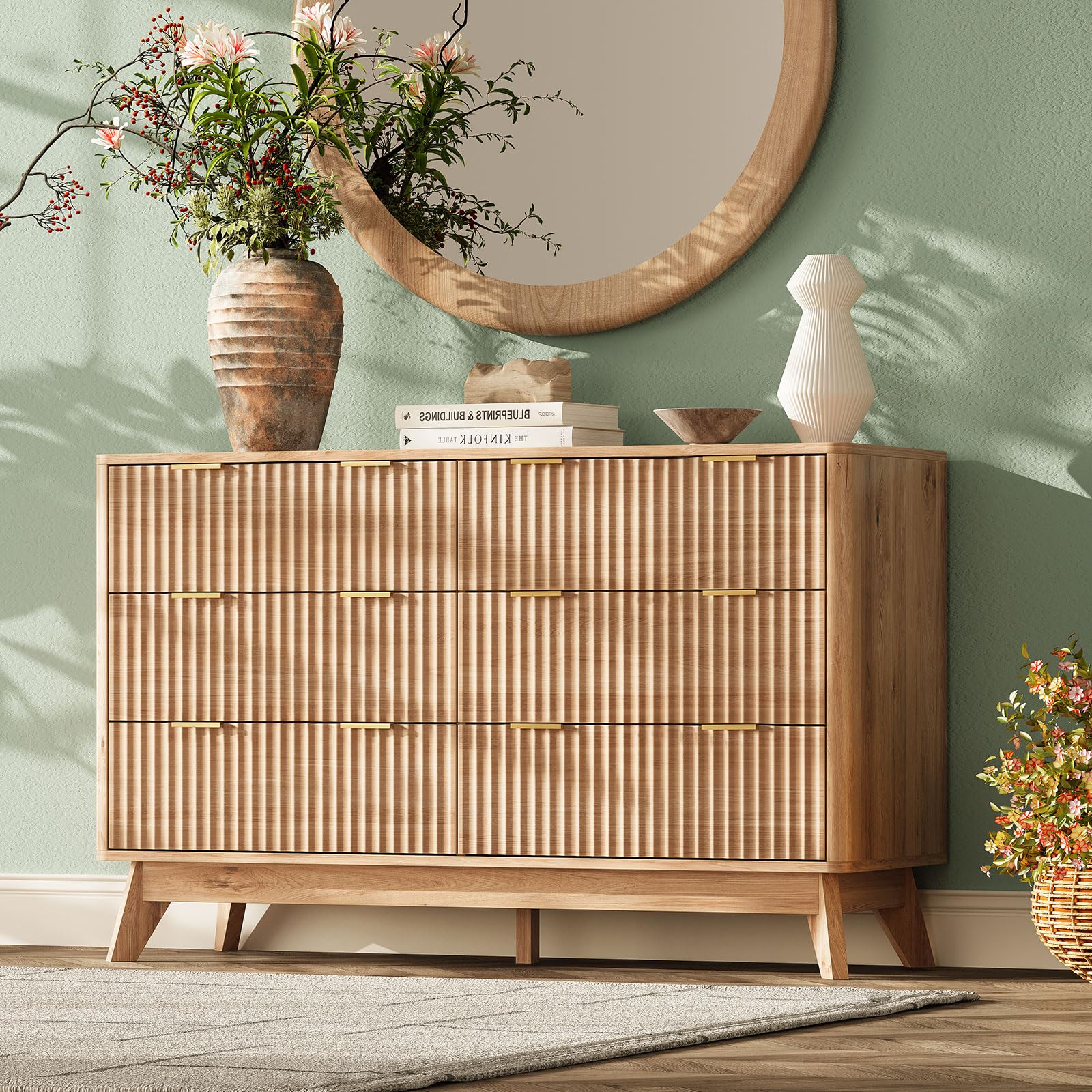 TROJM Fluted Curved-Edge Bedroom Dresser with Storage Drawers