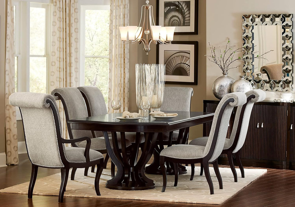 Extendable Dining Table with Espresso h, Modern Double Pedel Base & Leaf