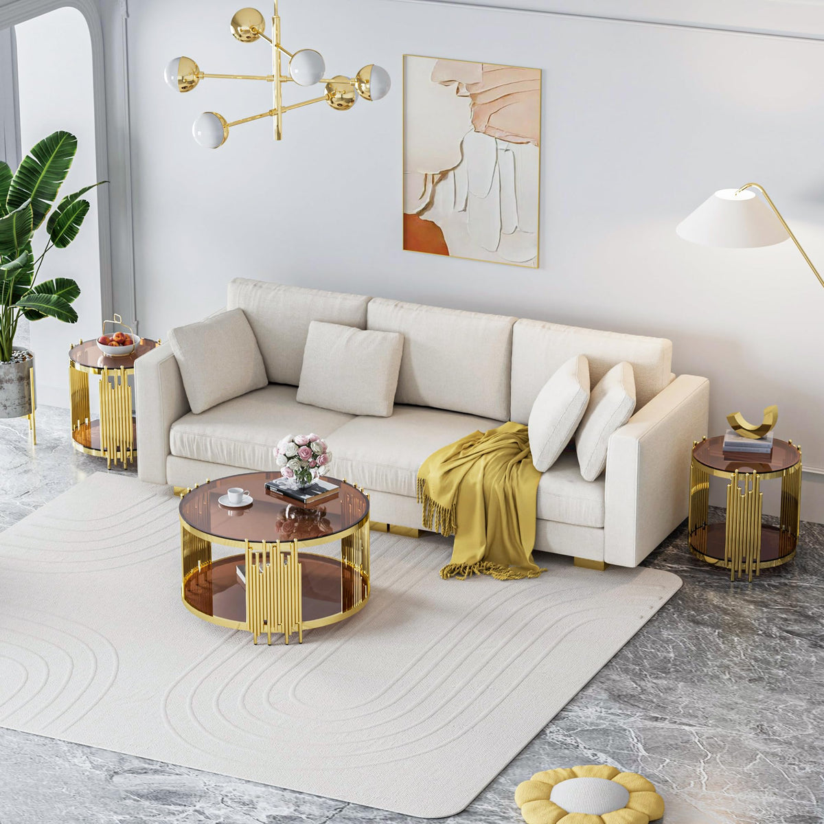 Sybrioka Luxury Gold Round Glass Coffee Table with Irregular Base