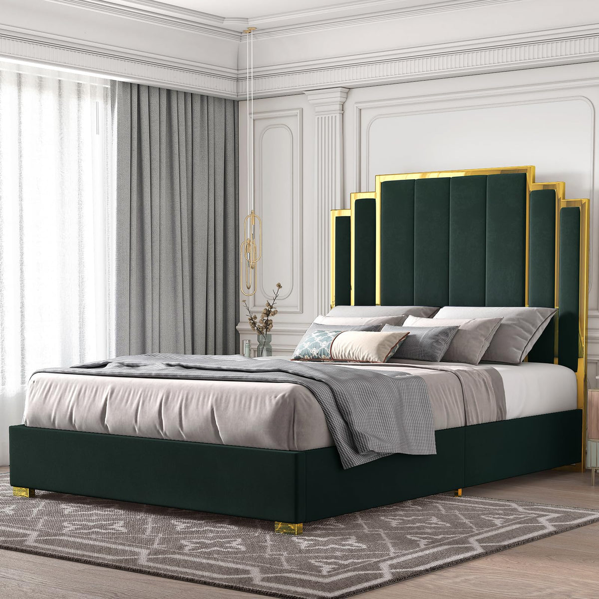 HOWE Upholstered Platform Bed with Headboard & Gold Trim