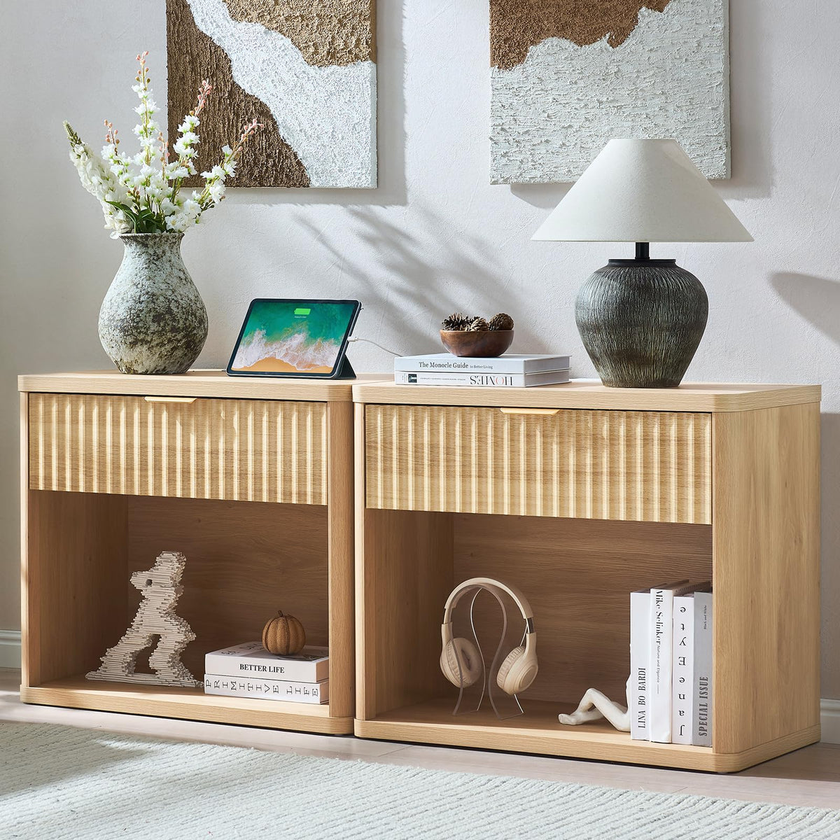 LEYAOYAO Wide Fluted Nightstand for Large Spaces