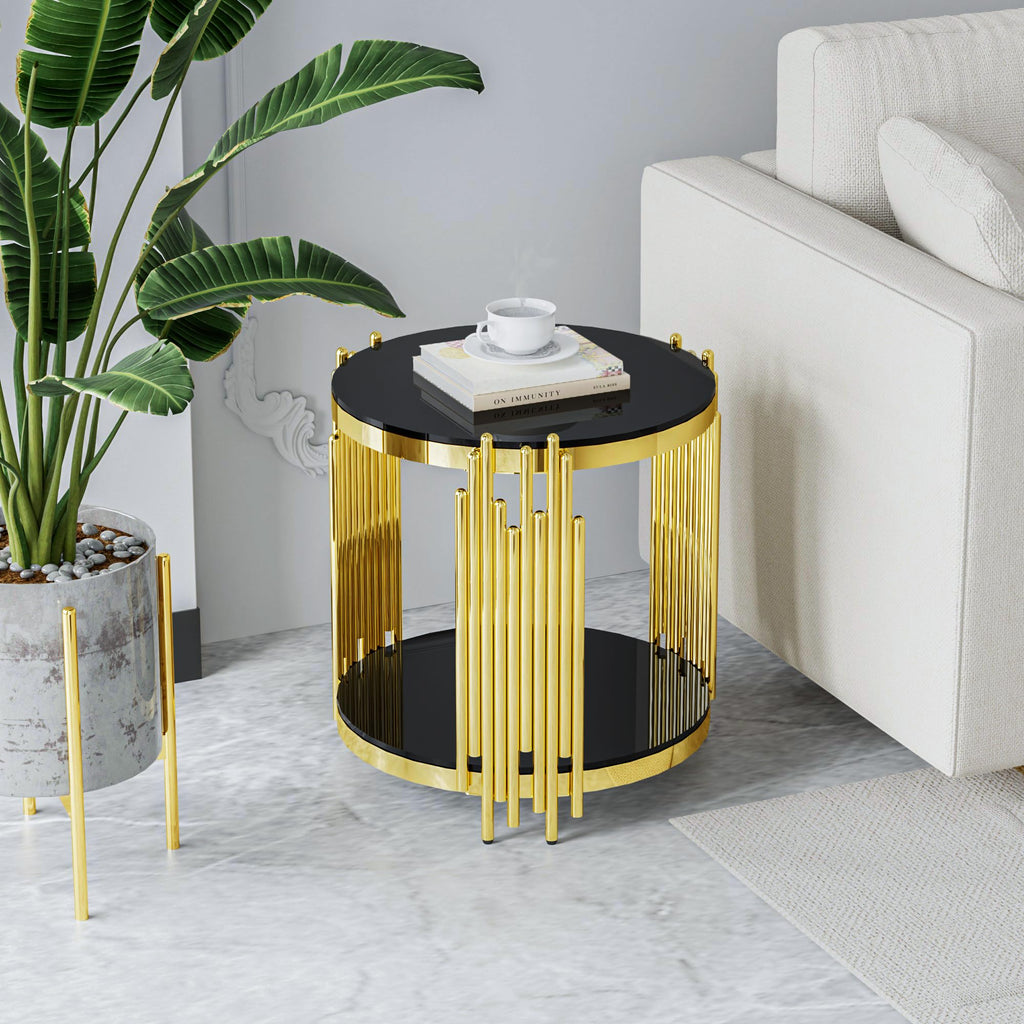 Sybrioka Luxury Gold Round Glass Coffee Table, Modern Center Table with Stainless Steel Irregular Leg Tempered Glass Tabletop, Accent Furniture for Living Room