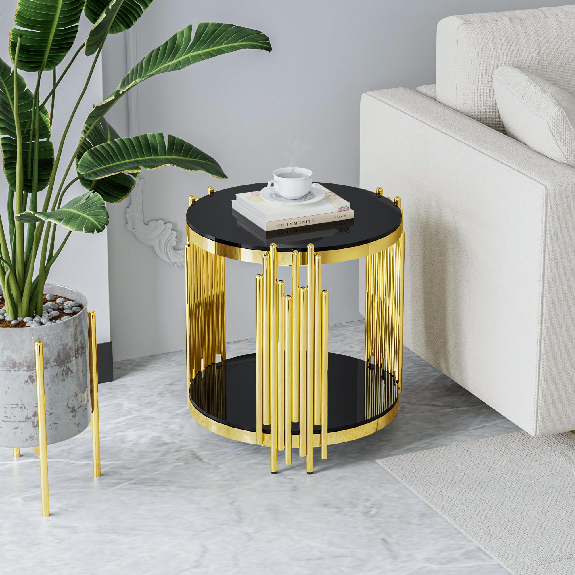 Sybrioka Luxury Gold Round Glass Coffee Table, Modern Center Table with Stainless Steel Irregular Leg Tempered Glass Tabletop, Accent Furniture for Living Room