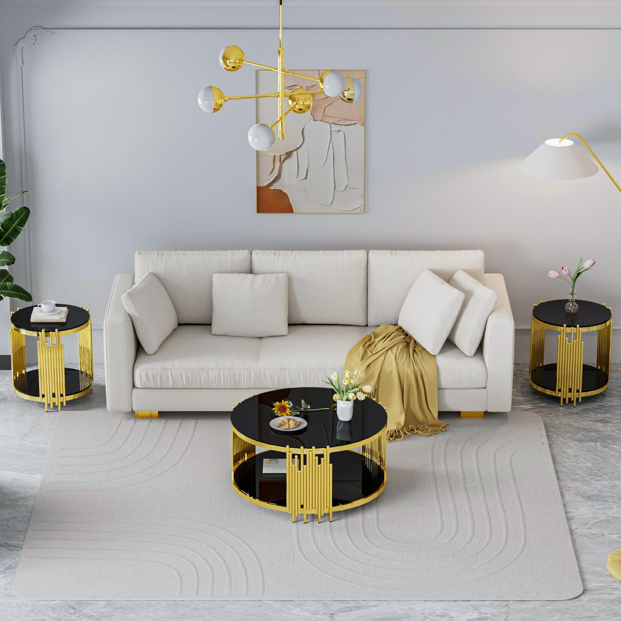 Sybrioka Luxury Gold Round Glass Coffee Table with Irregular Base