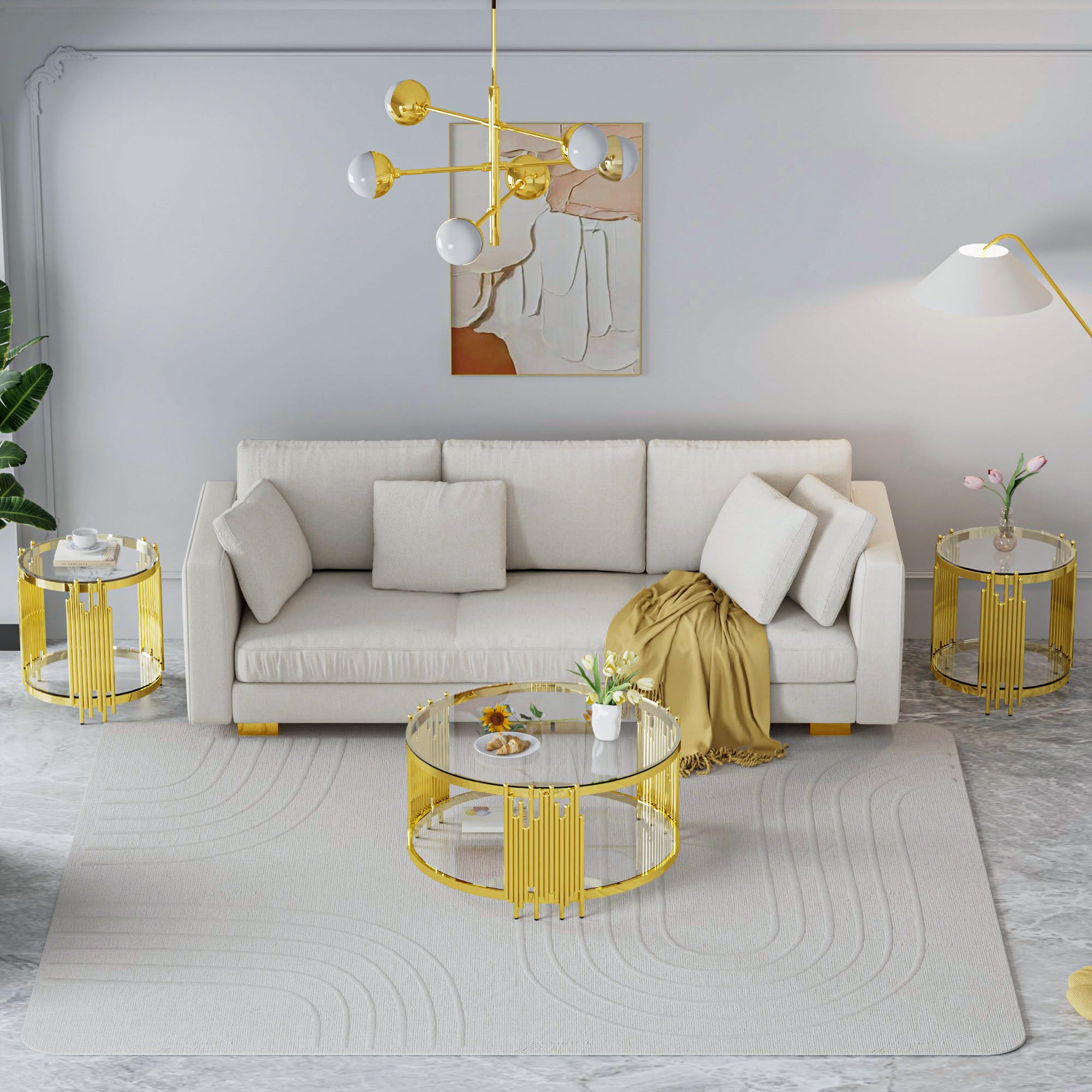 Sybrioka Luxury Gold Round Glass Coffee Table with Irregular Base