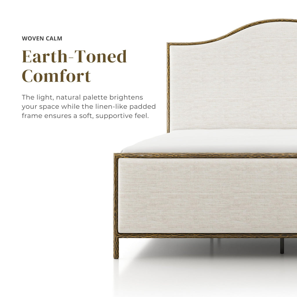 24/7 Shop at Home Lalia Hammered Metal Upholstered Bed with Beige Fabric Headboard, Forged Steel Frame, Foundation Required
