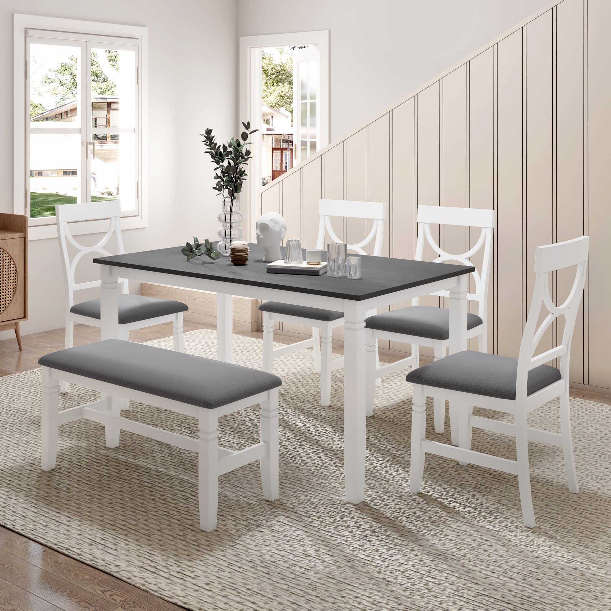 XD Designs 6-Piece Farmhouse Dining Set with Bench & Chairs
