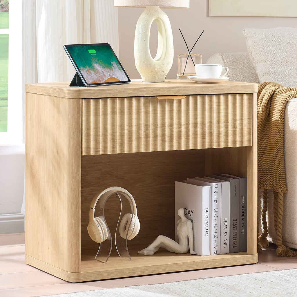 LEYAOYAO Wide Fluted Nightstand for Large Spaces
