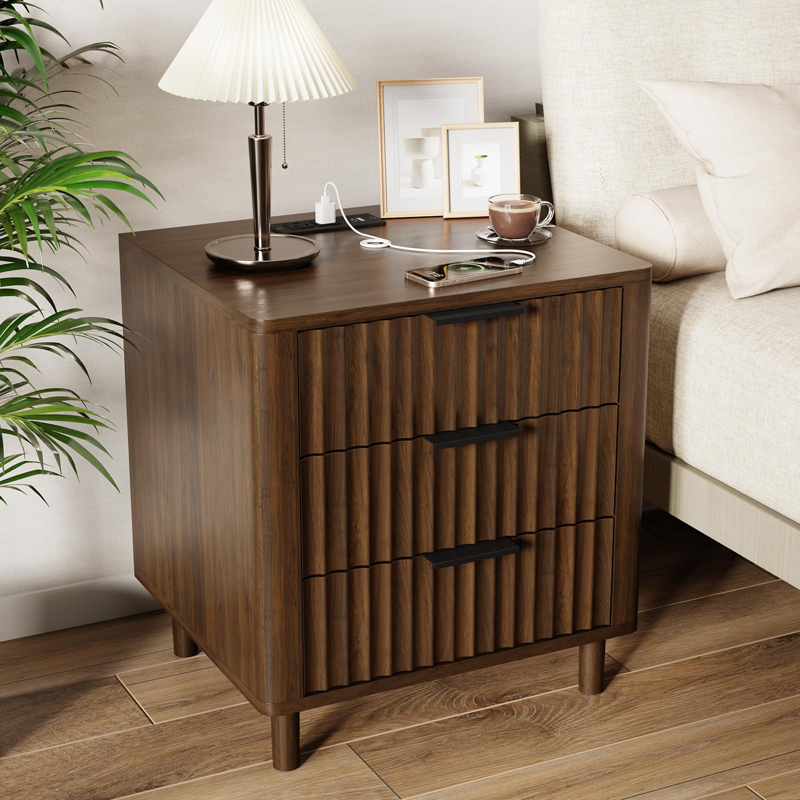 CozyMine Fluted Nightstand with Built-In Charging Station