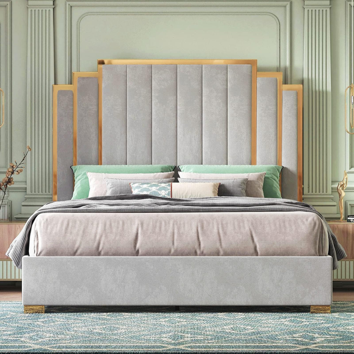 HOWE Upholstered Platform Bed with Headboard & Gold Trim