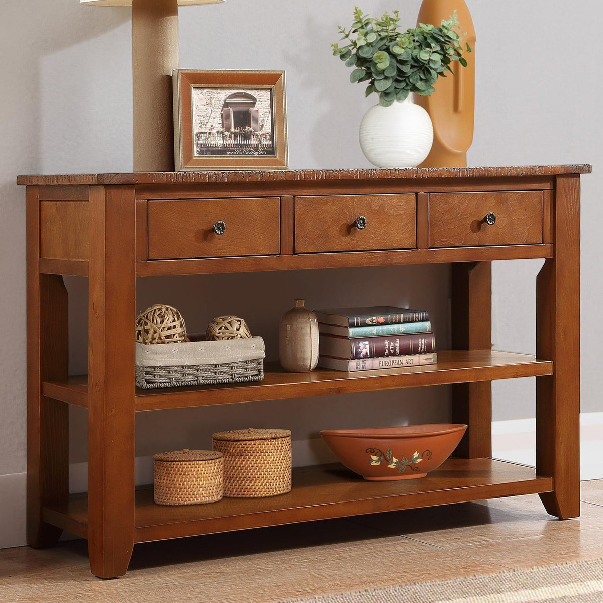 48-Inch Farmhouse Wood Console Table with Drawers & Shelves
