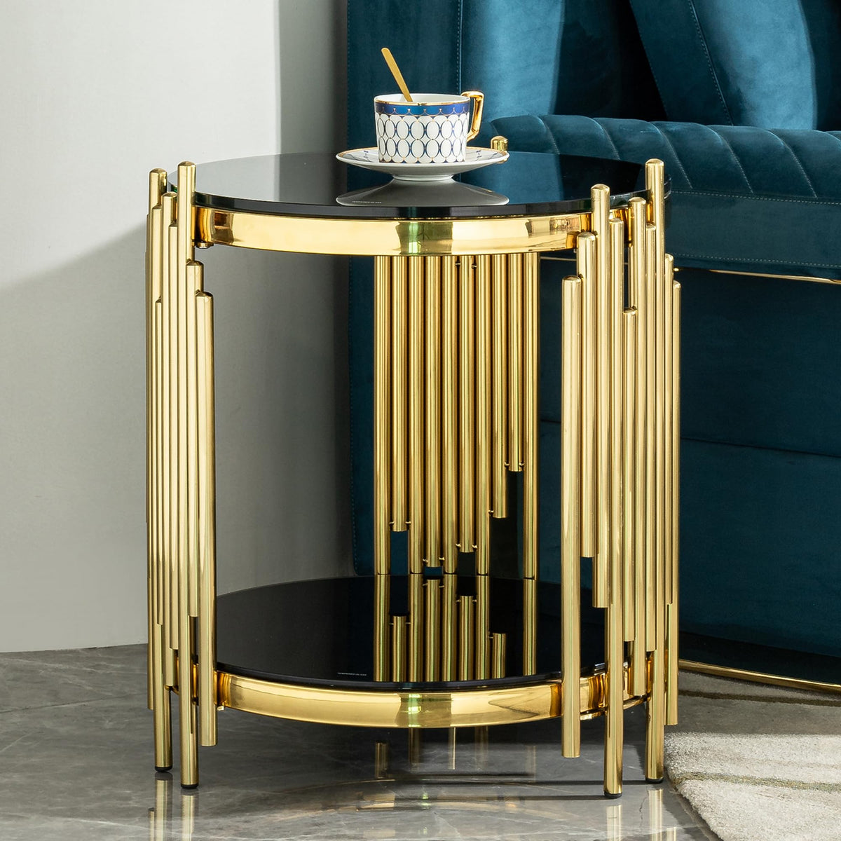 Sybrioka Luxury Gold Round Glass Coffee Table with Irregular Base