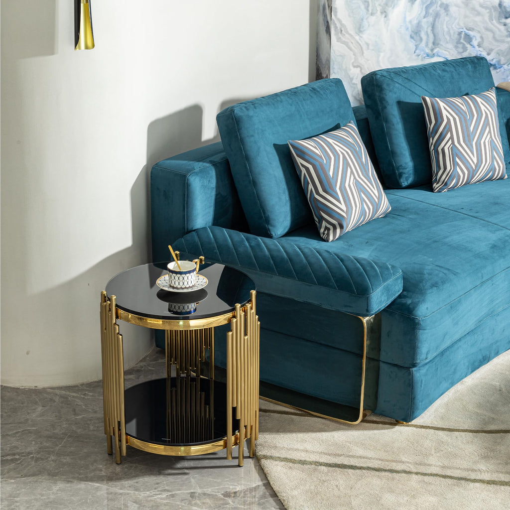 Sybrioka Luxury Gold Round Glass Coffee Table, Modern Center Table with Stainless Steel Irregular Leg Tempered Glass Tabletop, Accent Furniture for Living Room