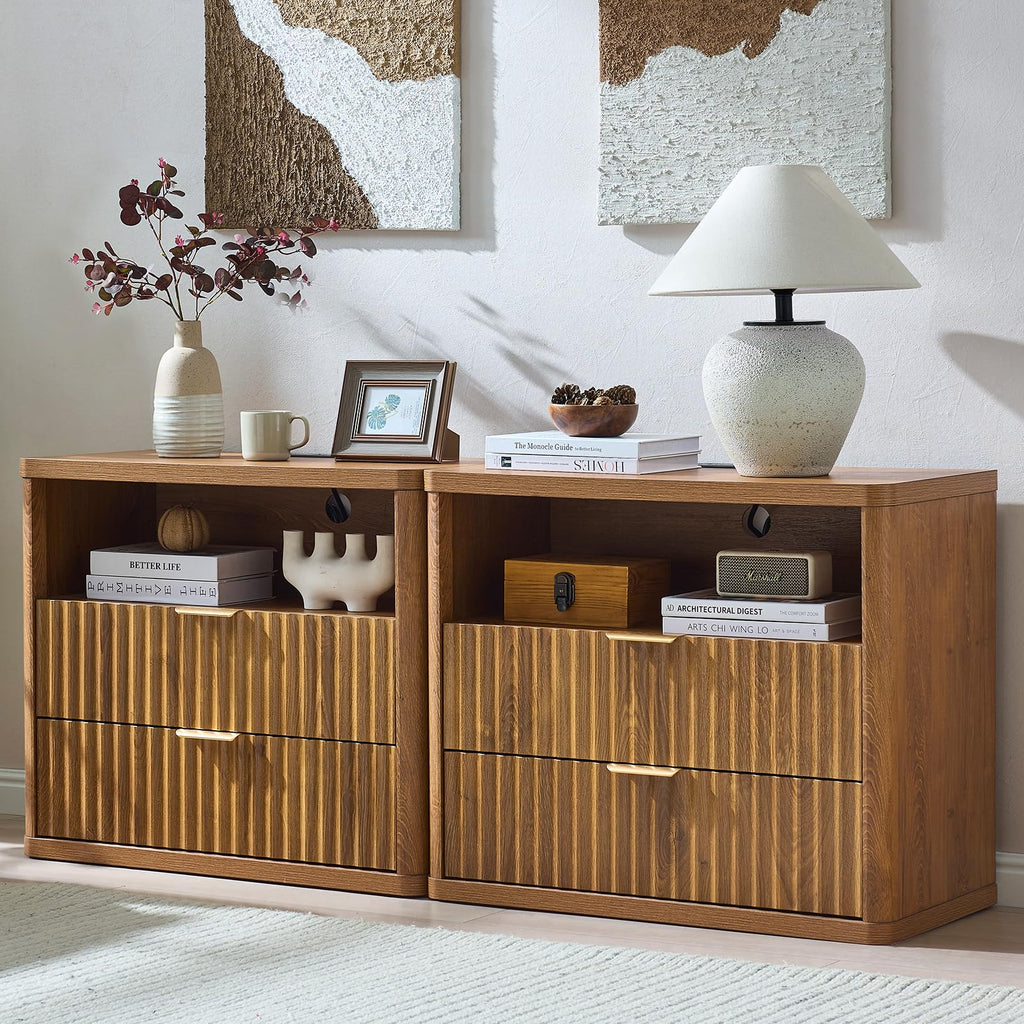 LEYAOYAO Wide Fluted Nightstand for Large Spaces