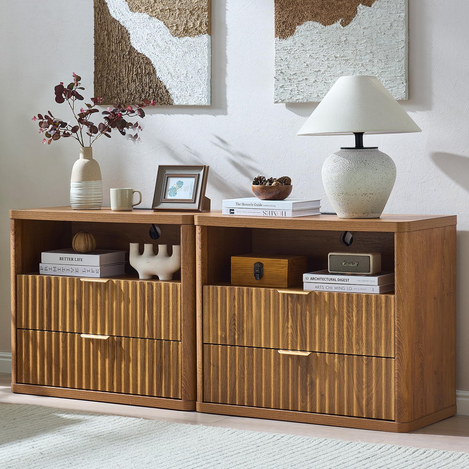 LEYAOYAO Wide Fluted Nightstand for Large Spaces