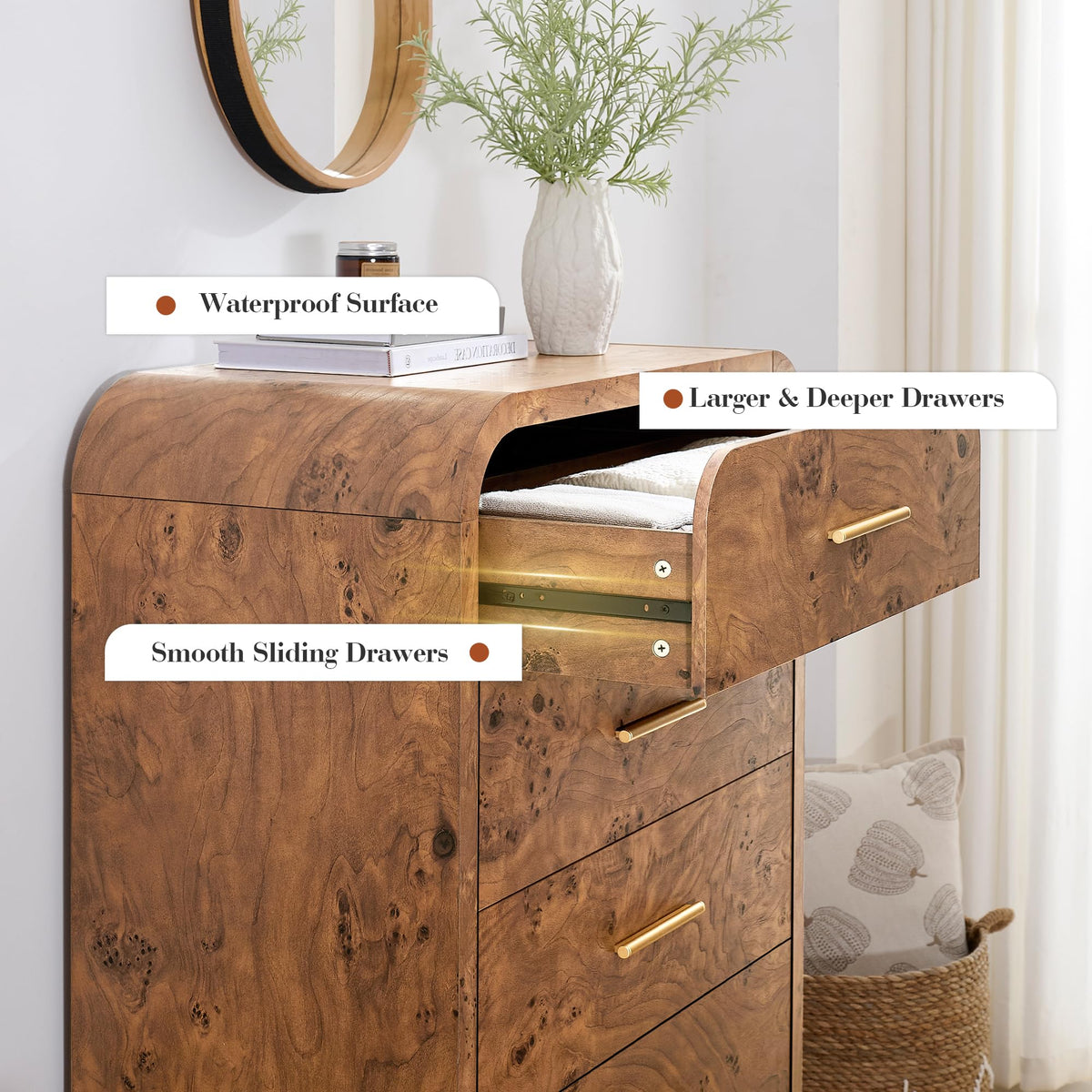 EliteSet Curved Dresser for Bedroom, 63" Large Modern Chest of Drawers, Vanity Desk TV Stand for Living Room, Closet Storage Drawers Organizer Furniture, Nursery, Hallway