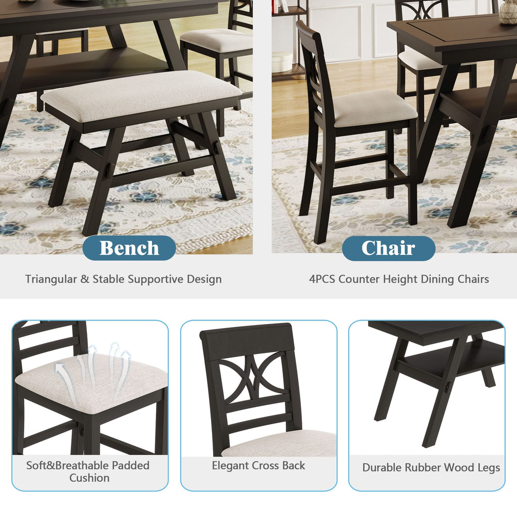 6-Piece Rustic Style Wood Counter Height Dining Table Set with Storage Shelf, Bench and 4 Chairs, Kitchen Dining Table Chairs Set for 6 Persons (Walnut + Wood + Foam) (Espresso + Wood + Foam)