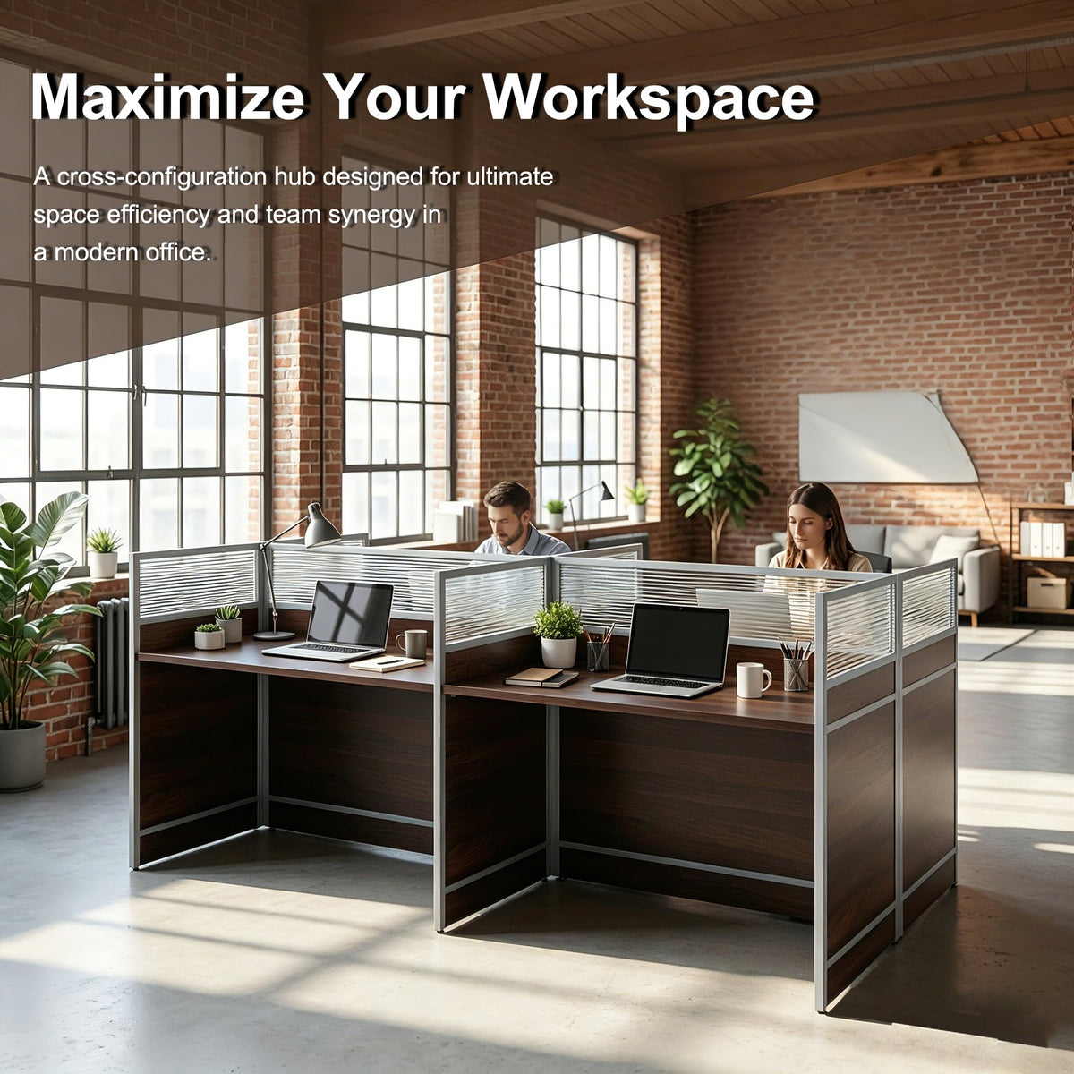 Flpolble 4-Person Office Cubicle Workstation Desk with Mute Privacy Panels & Cable Management, Computer Cubicles Desk for Home & Commercial Office Use, White&Black Finish