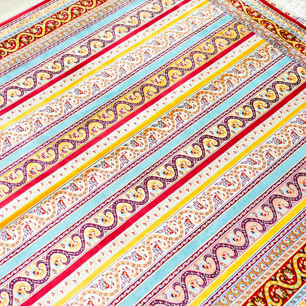 Hand-Knotted Silk Striped Floral Area Rug, 4 x 6 ft
