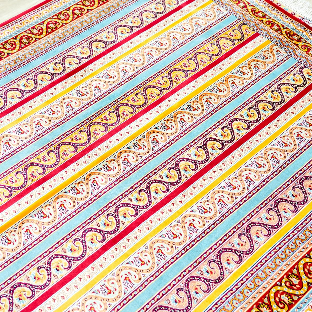 Hand-Knotted Silk Striped Floral Area Rug, 4 x 6 ft