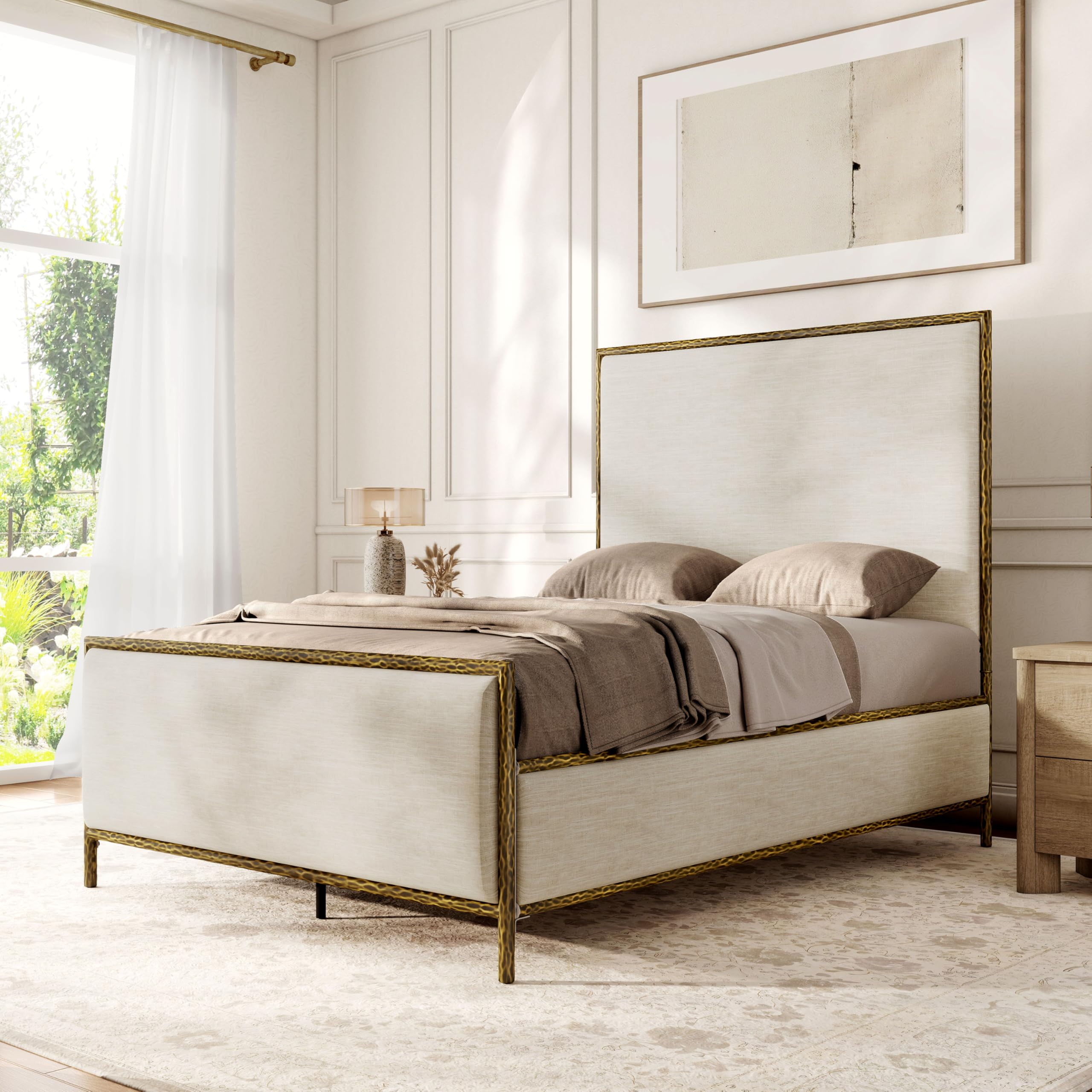 Lalia Hammered Metal Bed with Beige Upholstered Headboard