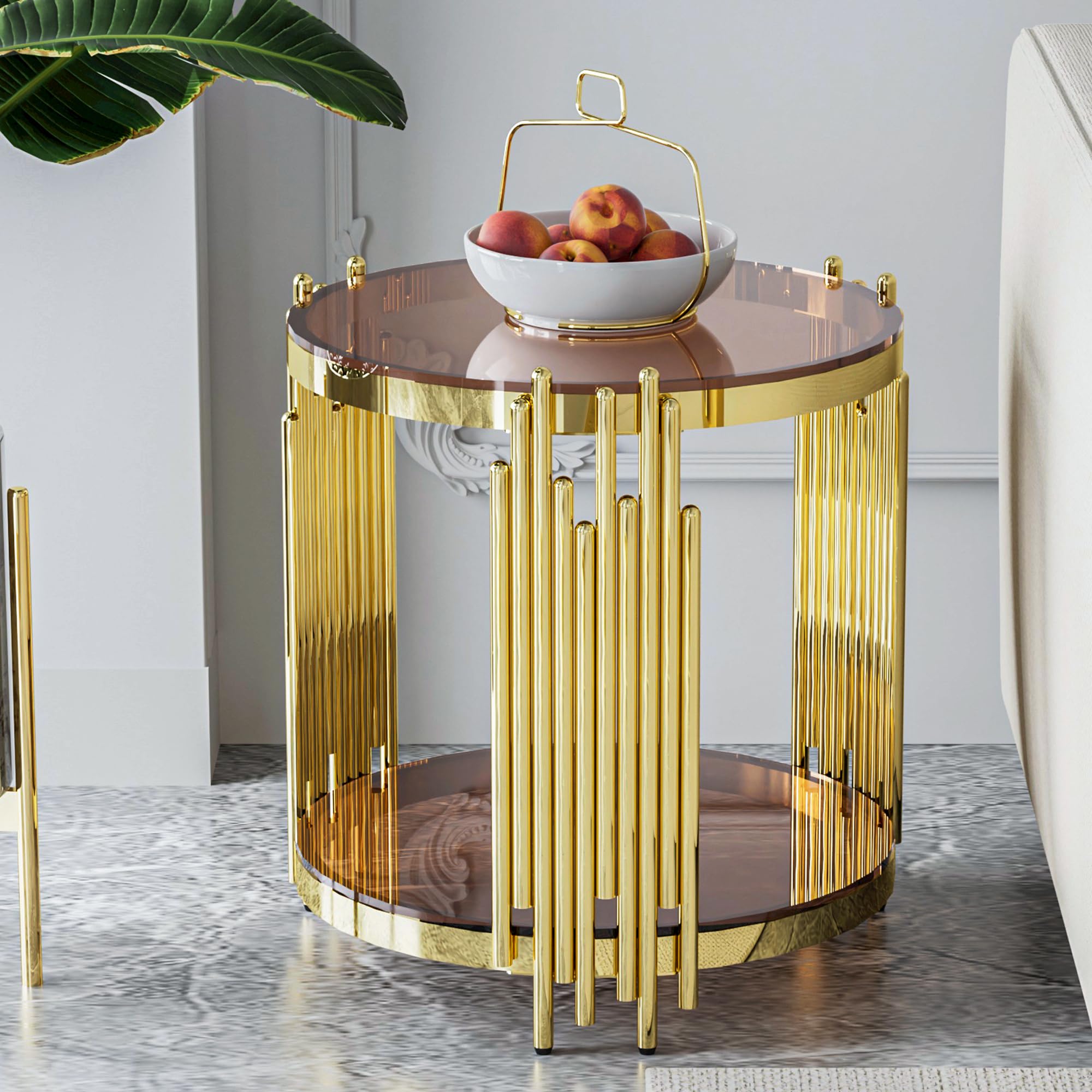 Sybrioka Luxury Gold Round Glass Coffee Table with Irregular Base