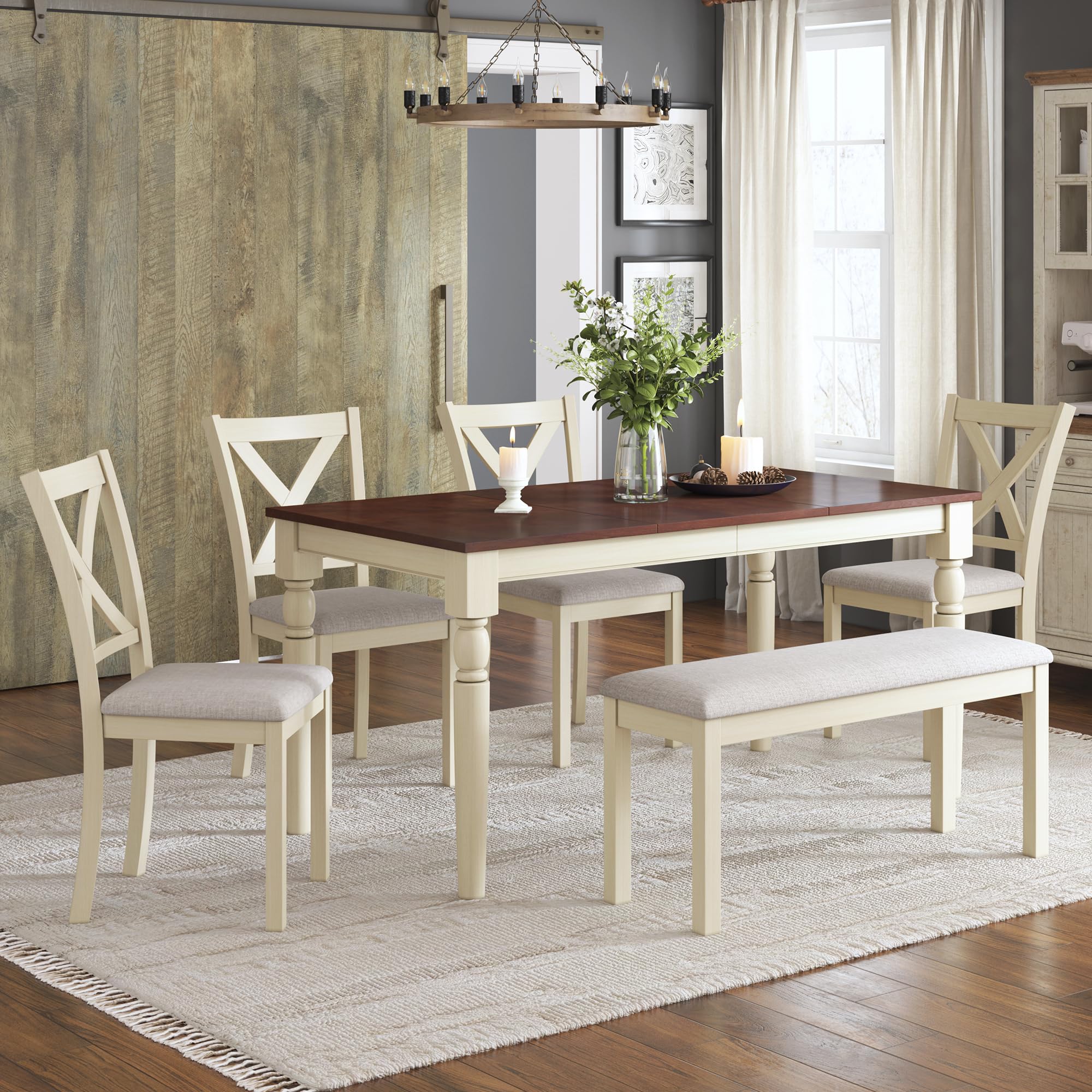 AMERLIFE 6-Piece Farmhouse Dining Set with Bench & Chairs