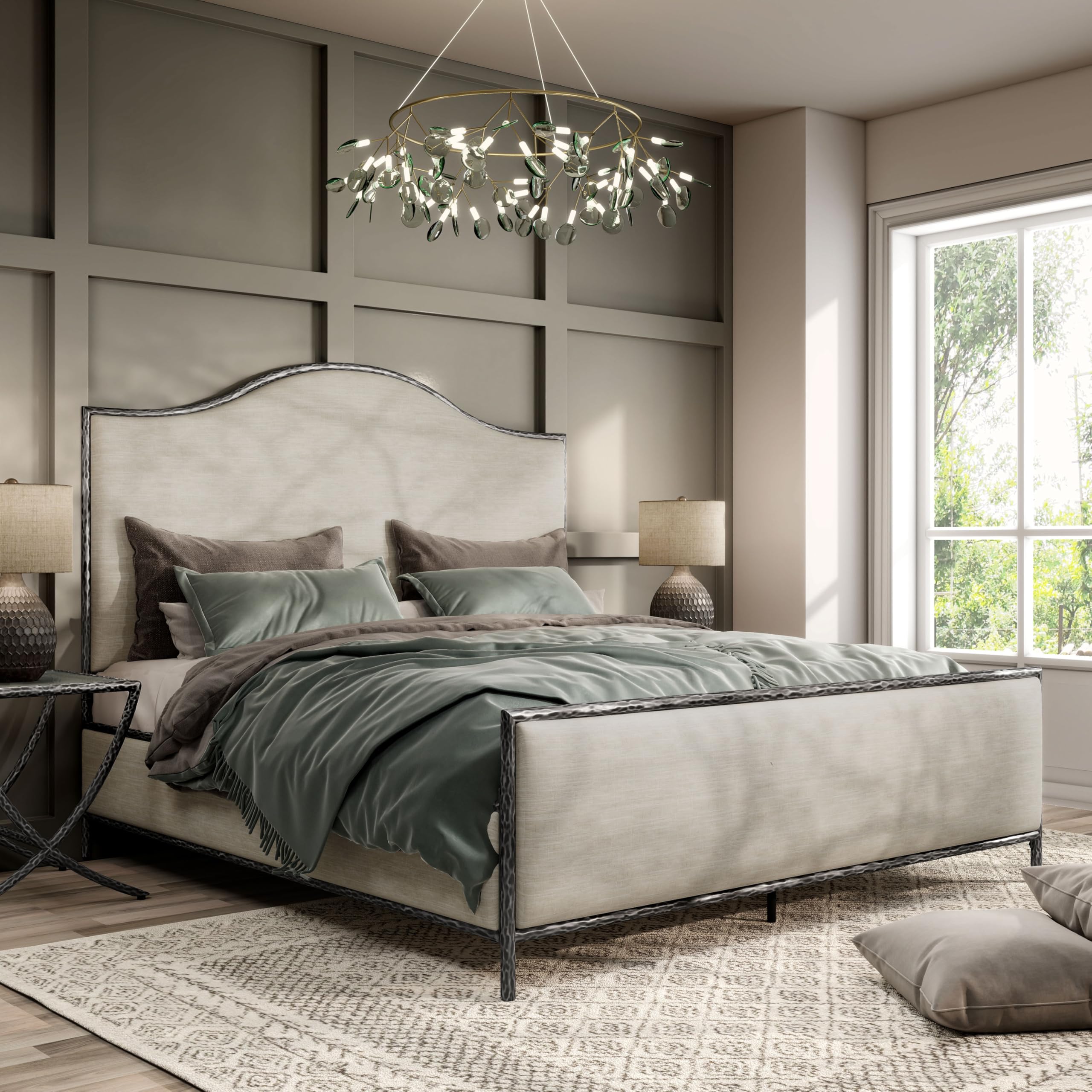 Lalia Hammered Metal Bed with Beige Upholstered Headboard