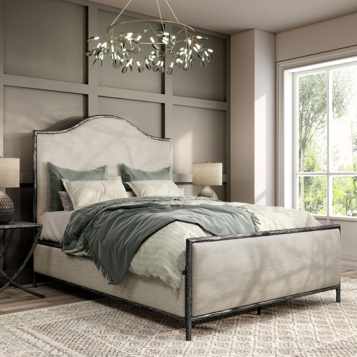 Lalia Hammered Metal Bed with Beige Upholstered Headboard