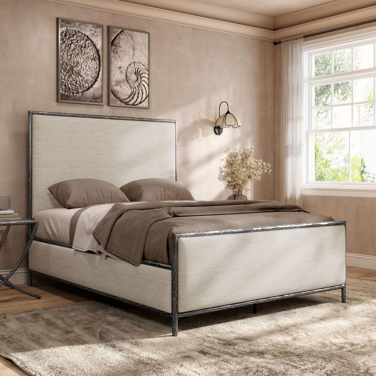 Lalia Hammered Metal Bed with Beige Upholstered Headboard