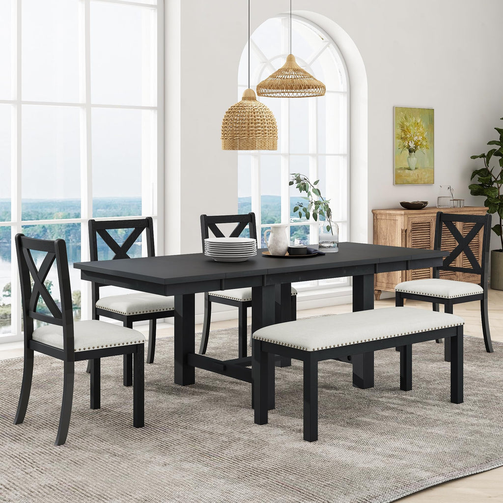XD Designs Farmhouse 6-Piece Dining Room Table Set, Simple Wooden Dining Table with PU Cushion Chair and Bench, Rustic Kitchen Dining Room Set for 4-6 Persons