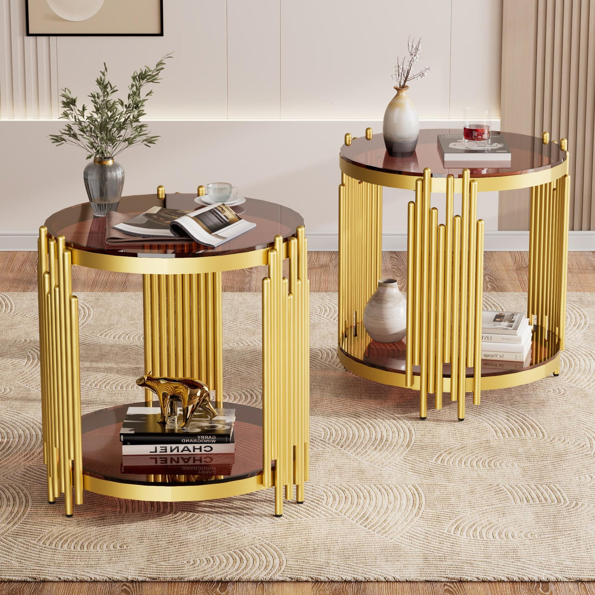 Sybrioka Luxury Gold Round Glass Coffee Table with Irregular Base