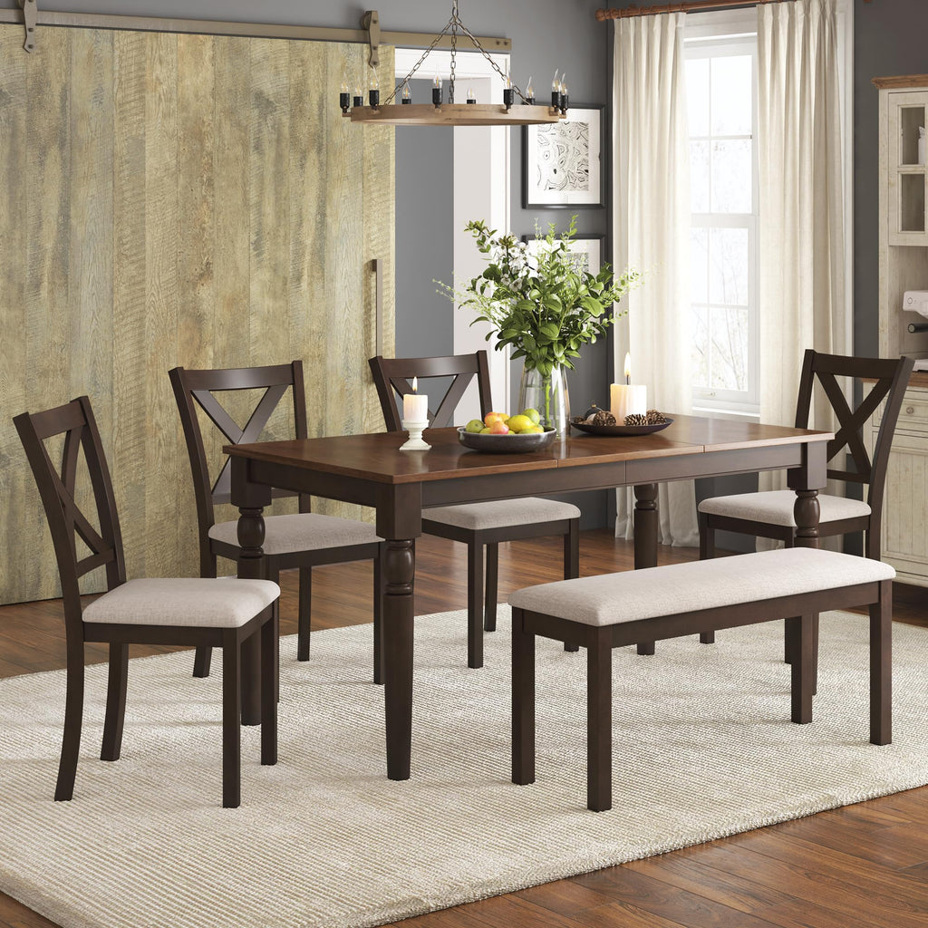 AMERLIFE 6-Piece Farmhouse Dining Table Set,Solid Wood Table with 4 Upholstered Chairs and Bench, Comfortable Seating for 6, for Kitchen or Dining Room