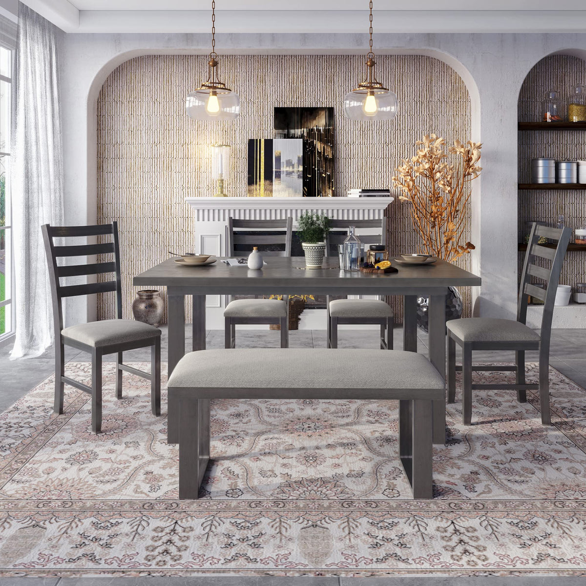 XD Designs 6-Piece Farmhouse Dining Set with Bench & Chairs