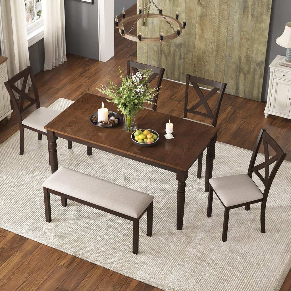 AMERLIFE 6-Piece Farmhouse Dining Table Set,Solid Wood Table with 4 Upholstered Chairs and Bench, Comfortable Seating for 6, for Kitchen or Dining Room