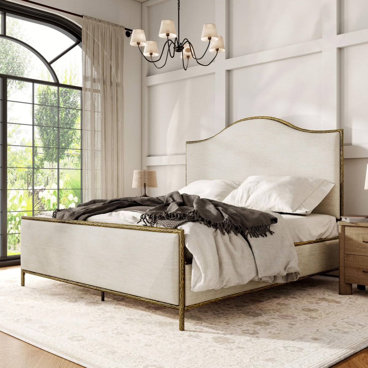 Lalia Hammered Metal Bed with Beige Upholstered Headboard