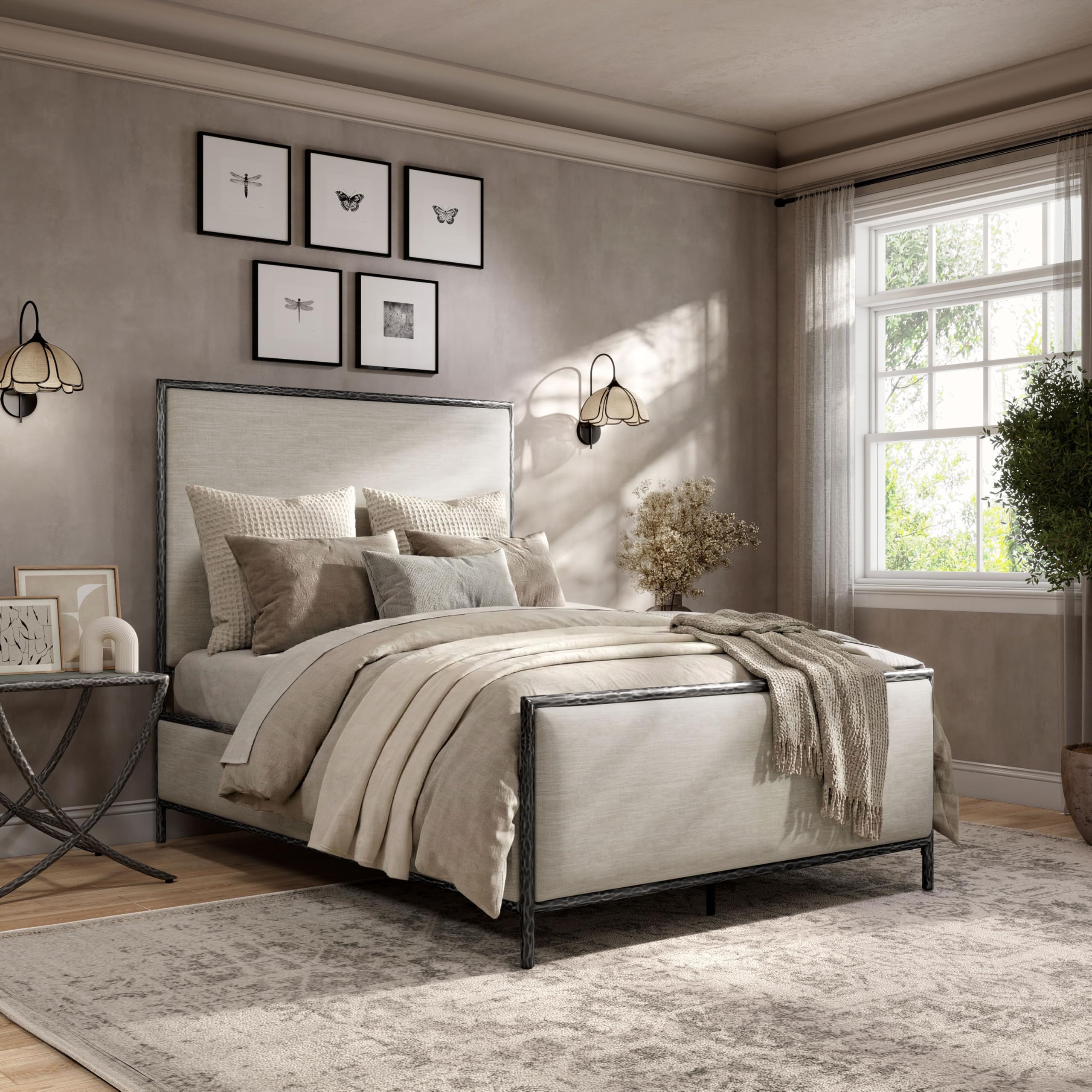 Lalia Hammered Metal Bed with Beige Upholstered Headboard