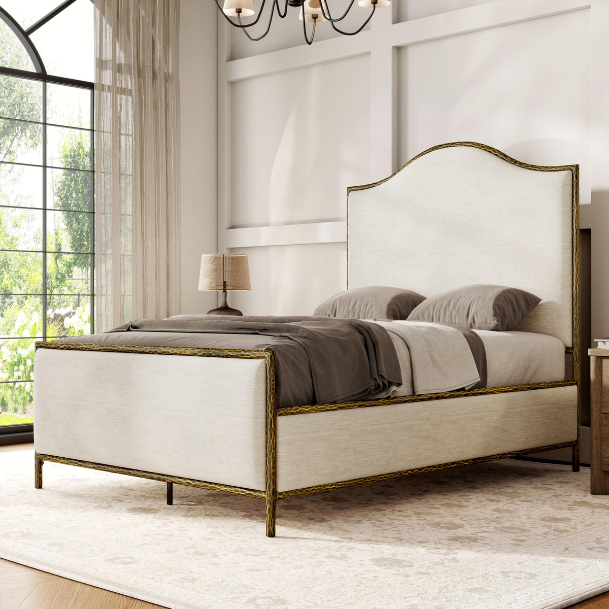 Lalia Hammered Metal Bed with Beige Upholstered Headboard