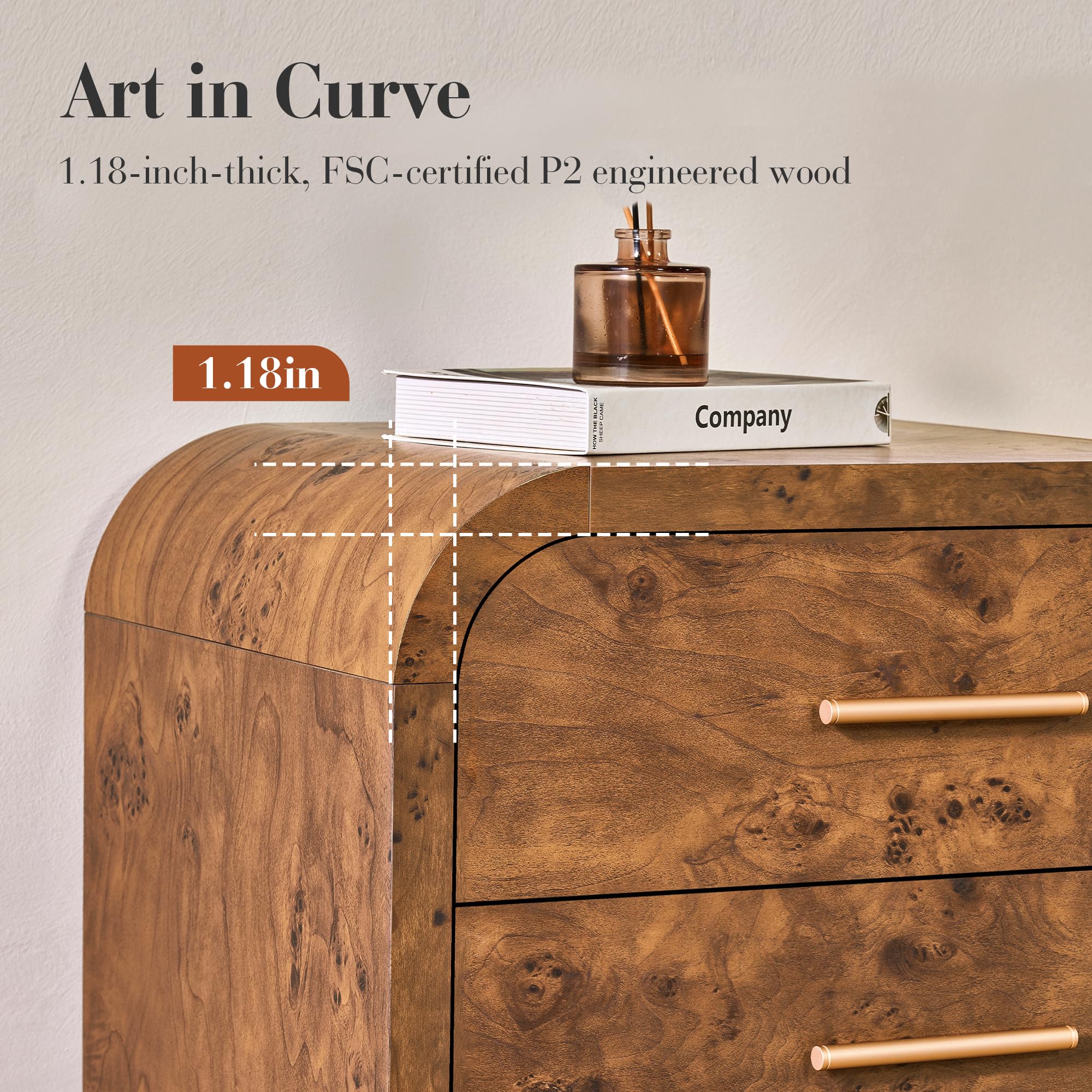 EliteSet Curved Dresser for Bedroom, 63" Large Modern Chest of Drawers, Vanity Desk TV Stand for Living Room, Closet Storage Drawers Organizer Furniture, Nursery, Hallway